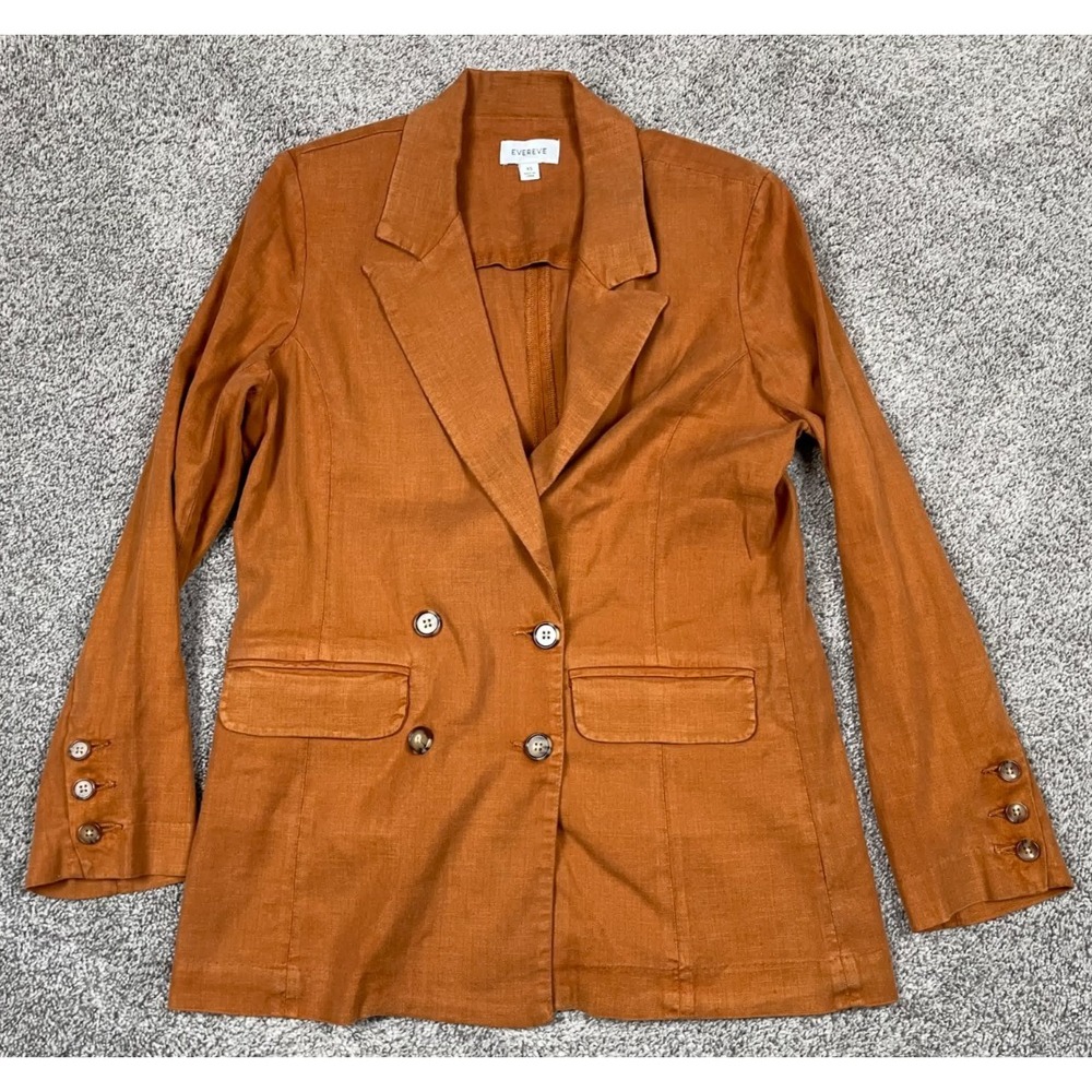 Evereve Jacket Womens XS Orange Blazer Double Breast Linen Preppy Structured Top